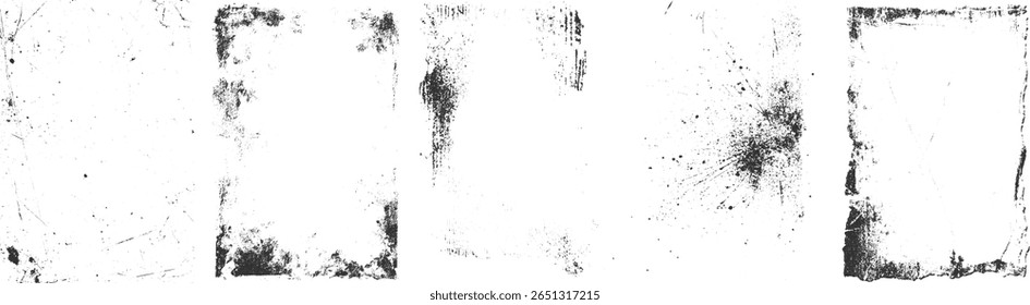 Uma coleção de texturas em preto e branco angustiadas com bordas ásperas e manchas dispersas.