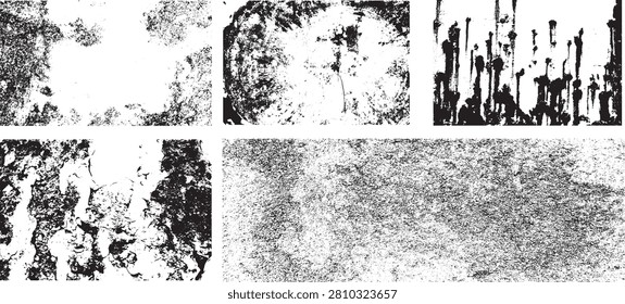 Collection of distressed grunge texture vectors. Abstract black and white weathered concrete wall, paint drips, grainy overlays, and rustic textures for vintage graphic design.