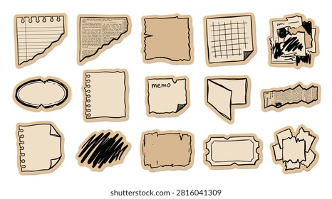 Collection of distressed paper scraps including torn edges newspaper textures grid patterns and messy ink scribbles. Hand drawn stationery elements for vintage collage work journaling layouts and memory keeping projects featuring aged paper colors and grunge aesthetic details.