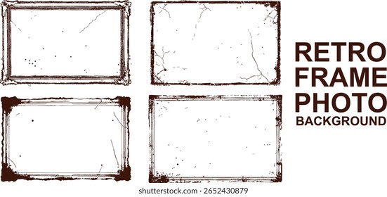A collection of distressed retro photo frames with cracks and smudges. Perfect for vintage designs, nostalgic visuals, or scrapbook projects that require a worn and antique touch.