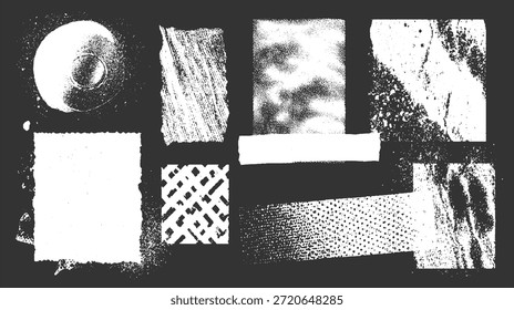 Colección de patrones texturizados y abstractos angustiados sobre fondo oscuro negro blanco