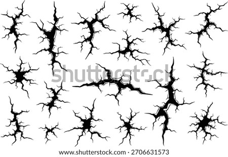 Collection of distressed vector crack effects. Damage, destruction, rupture, impact, fracture.