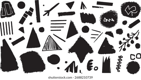 Uma coleção de diversas formas pretas abstratas, linhas e texturas