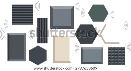 Collection of diverse acoustic panels in various geometric shapes and textures, designed for sound absorption and interior design. Features hexagonal, rectangular, and ribbed forms.