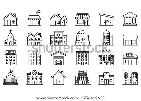 Collection of diverse architectural icons featuring residential, commercial, and institutional buildings in clean black line art style, perfect for urban planning and city design projects