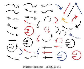 Coleção de diversos desenhos de setas, incluindo estilos curvos, espirais e direcionais em preto, vermelho, azul e ouro. Inclui ponteiros manuais e contornos em negrito para design e uso infográfico.