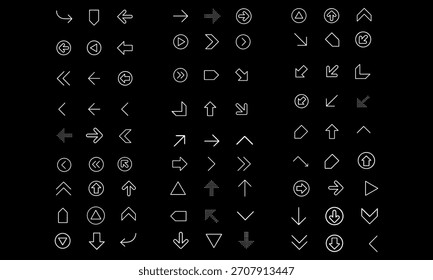 Sammlung verschiedener Pfeilsymbole und Navigationssymbole
Ein umfangreicher Satz weißer Umriss-Pfeilsymbole und Navigationssymbole, die auf dunklem Hintergrund angezeigt werden, 