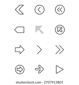 Sammlung verschiedener Pfeilsymbole und Navigationssymbole
Ein umfangreicher Satz weißer Umriss-Pfeilsymbole und Navigationssymbole, die auf dunklem Hintergrund angezeigt werden, 