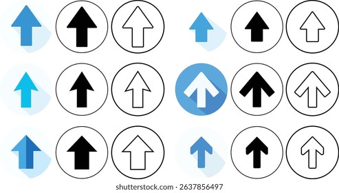 Collection of diverse arrows pointing upward in various styles and color variations on white background