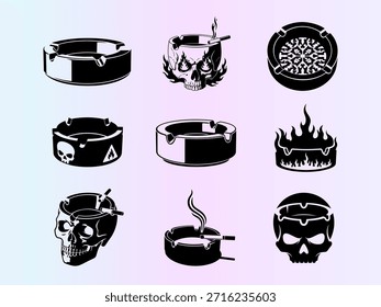 Collection of diverse ashtray vector icons featuring skull, flame, and cigarette designs. Perfect for conveying smoking dangers, edgy aesthetics, or unique graphic elements.