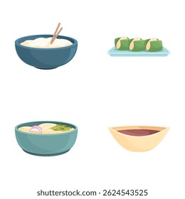 Collection of diverse asian cuisine illustrations including traditional chinese, japanese, and korean dishes such as dumplings, rice bowls, noodle soups, and more