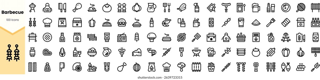 A collection of diverse barbecue-themed icons featuring grills, utensils, and food items, showcasing the joy of outdoor cooking and gathering.