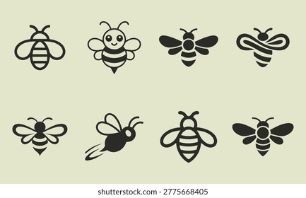 Collection of diverse bee icons, showcasing different styles and poses of these essential pollinators.