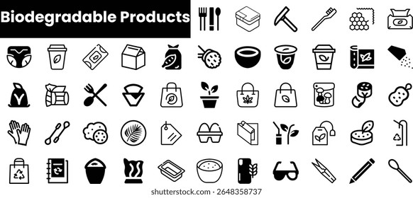A collection of diverse biodegradable product icons, showcasing eco-friendly alternatives for daily use items including packaging, utensils, and personal care products.