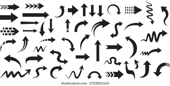 Collection of diverse black arrows pointing in various directions and styles
