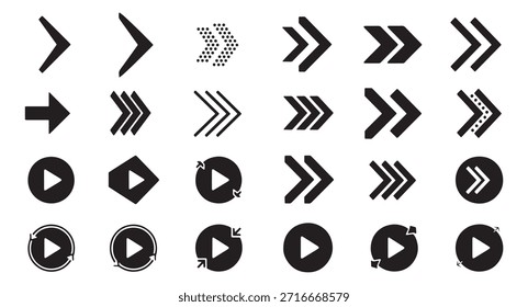 Collection of diverse black arrows pointing right, including various styles, play buttons, and reload symbols.