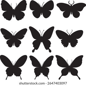 Collection of diverse black butterfly silhouettes on a white background	