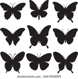 Collection of diverse black butterfly silhouettes on a white background	