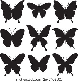 Collection of diverse black butterfly silhouettes on a white background	