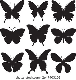 Collection of diverse black butterfly silhouettes on a white background	