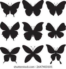 Collection of diverse black butterfly silhouettes on a white background	
