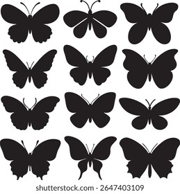 Collection of diverse black butterfly silhouettes on a white background	