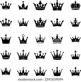 A collection of diverse black crown silhouettes featuring unique designs and ornate details, ideal for royal-themed projects.