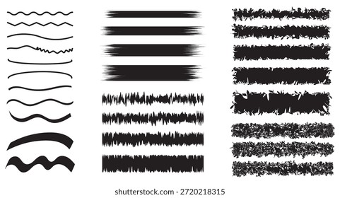 Colección de diversos Elementos de diseño negros, incluyendo líneas onduladas, zigzags, pinceladas grunge, divisores texturizados y Formas abstractas, ideales para proyectos de Diseño gráfico.