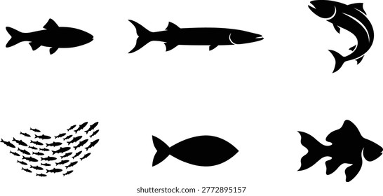 A collection of diverse black fish silhouettes, including a school of fish, a jumping fish, and various individual fish species, set against a clean white background.