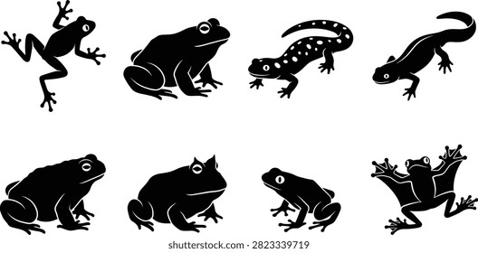 A collection of diverse black frog, toad, and salamander silhouettes isolated on a white background, ideal for wildlife, nature, and biology design projects. This versatile graphic element is perfect for web design, educational materials, and vector illustrations.A collection of diverse black frog, toad, and salamander silhouettes isolated on a white background, ideal for wildlife, nature, and biology design projects. This versatile graphic element is perfect for web design, educational materials, and vector illustrations.