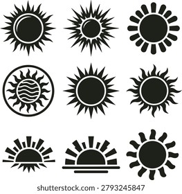 Collection of diverse black graphic sun icons representing daylight and celestial bodies with varying ray designs and styles isolated on a transparent background for easy use