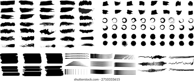 Coleção de diversos elementos de design grunge e traçado de pincel com espiral de tinta preta, incluindo círculos e quadros texturizados em um fundo branco