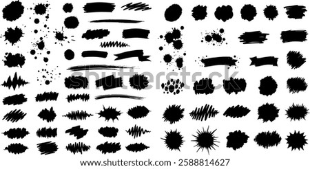 A collection of diverse black ink splatters and brush strokes, illustrating creative artistic textures and patterns, perfect for digital design projects.