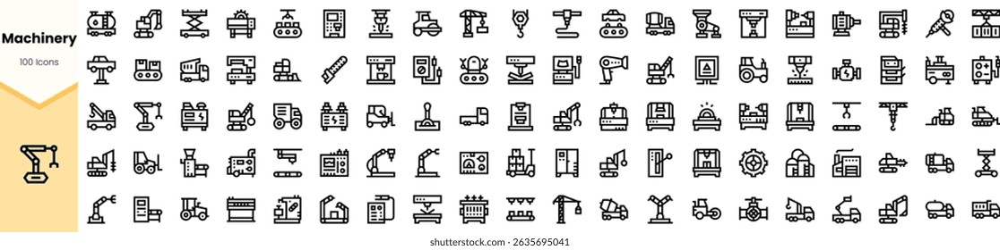 A collection of diverse black machinery icons, showcasing various industrial equipment and tools, perfect for technology and engineering themes.