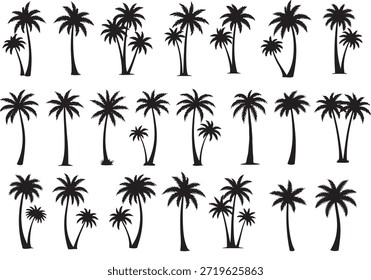 Colección de diversas siluetas de palmeras negras para diseños tropicales y de playa