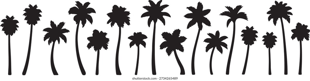 A collection of diverse black palm tree silhouettes, showcasing various shapes and sizes, perfect for tropical and summer-themed designs.