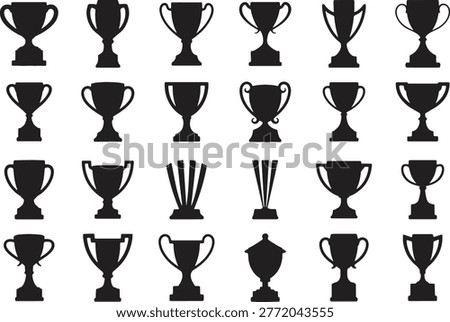 Collection of diverse black silhouette trophy cup on white background, symbols keywords: trophy