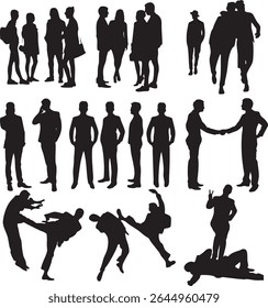 A collection of diverse black silhouettes depicting various people in different poses and interactions, including business professionals, couples,