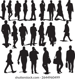 A collection of diverse black silhouettes depicting business professionals in various poses, walking, standing, and talking on phones.