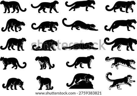 Collection of diverse black silhouettes of panthers and big cats in various poses and movements