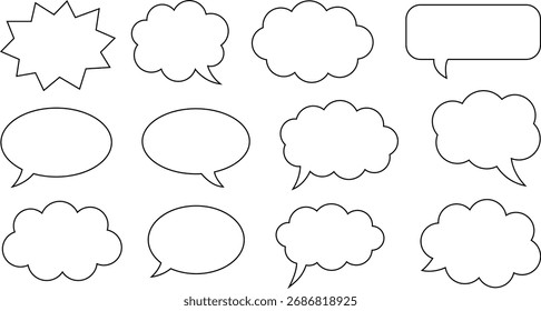 Collection of diverse black speech bubbles and thought clouds in various shapes and styles on a white background