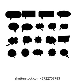 Colección de diversas burbujas de discurso negro y globos de pensamiento sobre fondo blanco