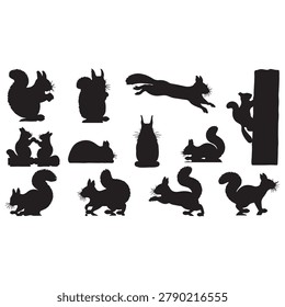 Collection of diverse black squirrel silhouettes showcasing various poses and actions in nature