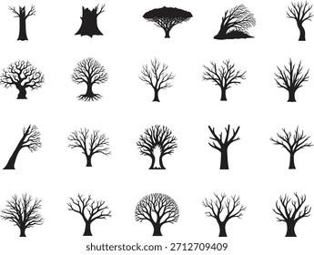 Sammlung von verschiedenen schwarzen Baumsilhouetten mit nackten Ästen auf weißem Hintergrund.