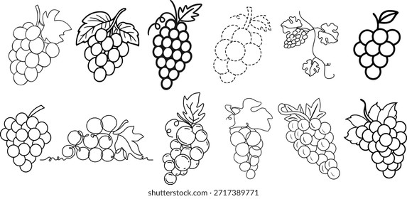 Coleção de diversas ilustrações de uva preta e branca para colorir e projetar