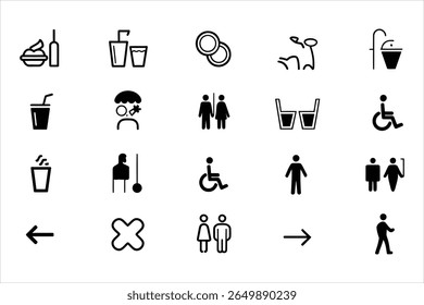 Collection of diverse black and white icons representing various services and directions silhouette
