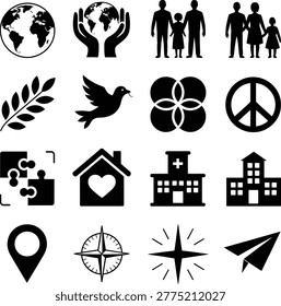 Collection of diverse black and white icons representing global unity family peace health and travel concepts