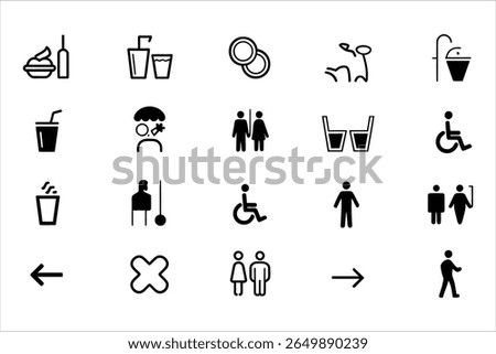 Collection of diverse black and white icons representing various services and directions silhouette