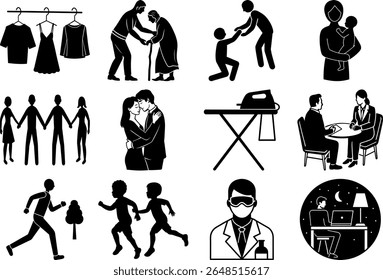 Collection of diverse black and white silhouette icons representing life activities and relationships