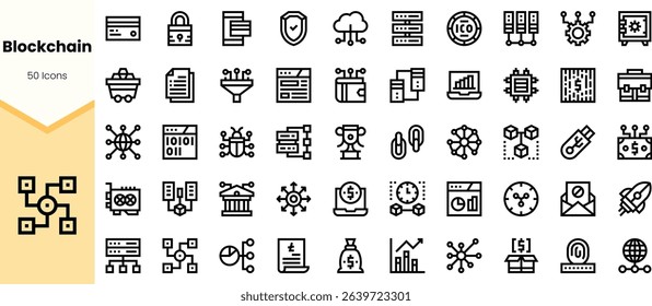 A collection of diverse blockchain technology icons, showcasing themes like security, data analysis, and cloud computing in a minimalistic black design.